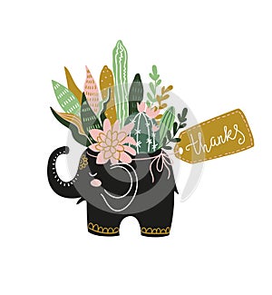 Hand drawn tropical house plants and flowers in the ceramic pot with tag - thanks. Vector illustration.