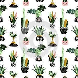 Hand drawn tropical house plants. Scandinavian style illustration, vector seamless pattern for fabric, wallpaper or wrap paper.