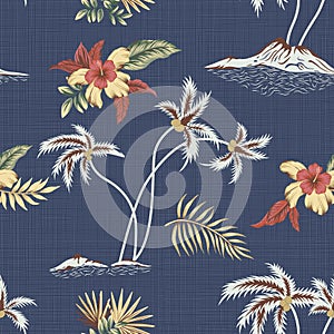 Hand drawn tropical island,palm tree,flower and leaves seamless pattern on texture background