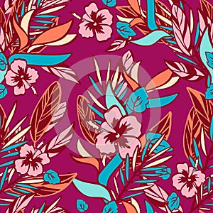 Hand drawn tropical plants and flowers in doodle style on maroon background