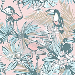 Hand drawn Tropical Seamless pattern ink palm leaves toucan flamingo.