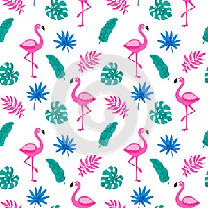 Hand drawn tropical seamless pattern with palm tree, monster leaves and pink flamingo on white background. Vector illustration