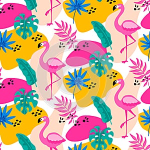 Hand drawn tropical seamless pattern with palm tree, monster leaves and pink flamingo on white background. Vector illustration