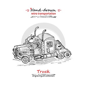 Hand drawn truck isolated on white background. Vintage sketch lorry transport. Large Industrial car, giant machine
