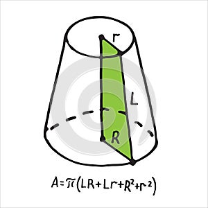 Hand drawn truncated cone surface area. Sketch for education, icon