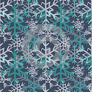 Turquoise and white snowflakes seamless pattern. Vector illustration on dark blue background photo