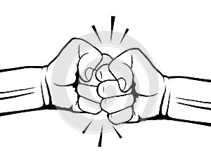 Hand drawn of two fists bumping together. Teamwork, partnership, friendship, passion or conflict, confrontation