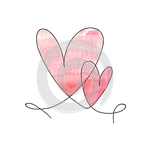 Hand drawn two hearts with black outline and watercolor red stain isolated on white background