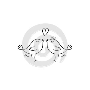 Hand-drawn two lovebirds. Illustration of the logo. Valentine`s Day Doodle illustration. Vector design element for