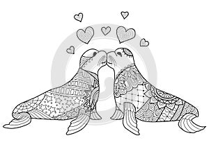 Hand drawn two seals kissing each other for coloring book for adult