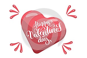 Hand drawn typography for Happy Valentine`s day, holiday of lovers with flat style red heart as symbol of love for celebration