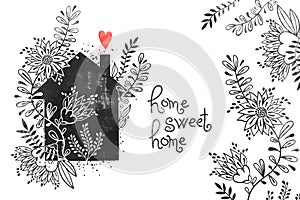 Hand drawn typography poster. Vector illustration with black house silhouette, floral elements, heart and text Home