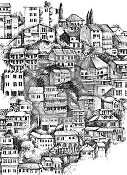 Hand drawn Ulcinj houses, Montenegro