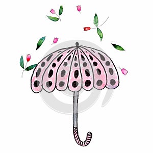 Hand drawn umbrella with flowers and leaves.