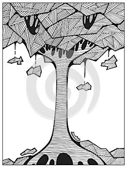 Hand drawn Uncolored Abstract tree on the hill line art for adult coloring book photo