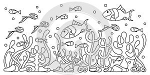 Hand-drawn underwater border . Coloring book for adult. Horizontal coral reef, seaweed fish.