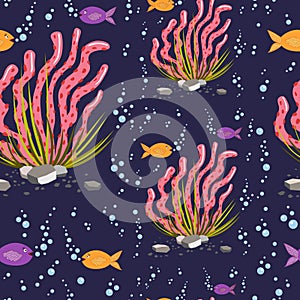 Hand drawn underwater natural elements. Coral reef seamless pattern. Vivid corals and swimming tropical fishes on dark