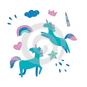 Unicorn in cute cartoon Skandinavian style set photo