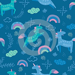 Unicorn in cute cartoon Skandinavian style pattern photo