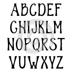 Hand drawn upper case alphabet. Vintage handwritten font in gothic style.