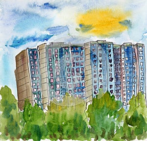 Hand drawn urban sketch. Watercolor summer cityscape. Green trees. Classsic blue houses. Big city.