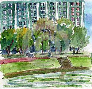 Hand drawn urban sketch. Watercolor summer cityscape. Green trees. Green house. Big city. Small town.  Blue sky. Park and garden.