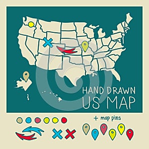 Hand drawn US map with pins