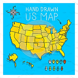 Hand drawn US map with pins