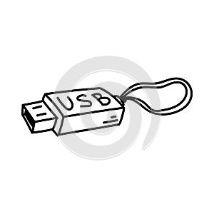 Hand drawn usb flash drive icon. Sign or symbol Isolated on white background. Black and white drawing. Vector illustration