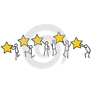 Hand drawn User experience feedback icon , stick figure with stars symbol for Clients evaluating product, Consumer product review