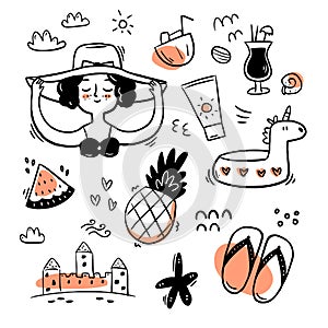 Hand drawn vacation black and white doodle elements with one color on the white background. Doodle set of summer icons for decor