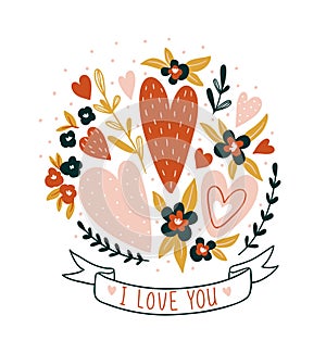 Hand drawn valentine card with flowers and lettering - `I love you`. Vector floral print design.