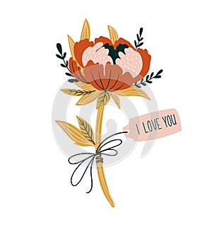 Hand drawn valentine card with flowers and lettering - `I love you`. Vector floral print design.