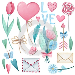 Hand drawn Valentine`s Day festive elements set. Watercolor flowers, hearts, letters illustration isolated