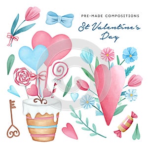 Hand drawn Valentine`s Day festive pre-made compositions set. Watercolor flowers, hearts, candies illustration isolated