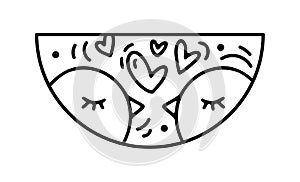 Hand drawn valentine vector love birds and hearts constructor in half round frame. Romantic composition illustration