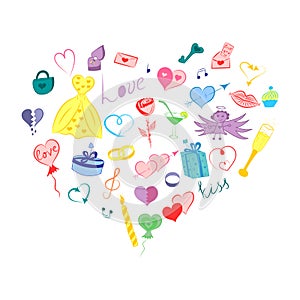 Hand Drawn Valentines Day Symbols. Children`s Cute Doodle Drawings of Colorful Hearts, Gifts, RingsArranged in a shape of Heart