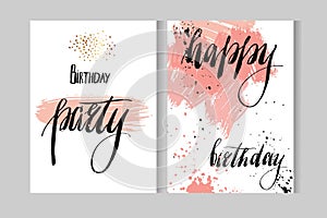 Hand drawn vecor abstract artistic modern watercolor cards template with ink lettering phases Happy birthday and Happy