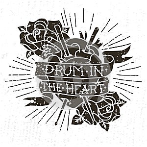 Hand drawn vecto`Drum in the heart` with human heart, roses, drumsticks.