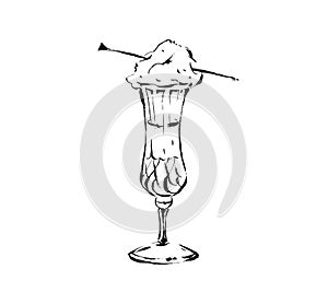 Hand drawn vector abstract artistic cooking ink sketch illustration drawing of champagne drink in wineglass with cotton