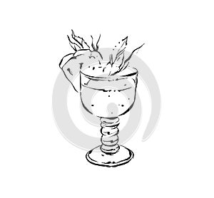 Hand drawn vector abstract artistic cooking ink sketch illustration of tropical pineapple lemonade cocktail shake drink