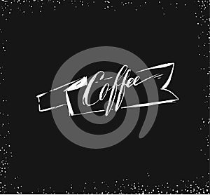 Hand drawn vector abstract artistic ink sketch drawing handwritten coffee word calligraphy and ribbon isolated on black