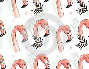 Hand drawn vector abstract artistic seamless pattern of tropical exotic paradise birds pink flamingos in pastel colors