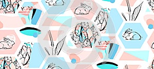 Hand drawn vector abstract artistic textured hexagon shapes Easter collage seamless pattern with graphic flowers,bunny