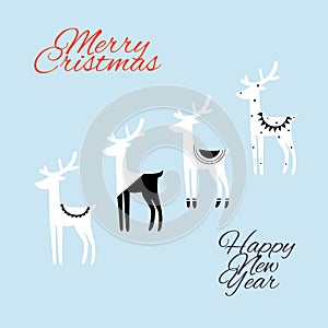 Hand drawn vector abstract black white deer Merry Christmas and Happy New Year time vintage cartoon illustrations greeting card te