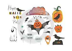 Hand drawn vector abstract cartoon Happy Halloween illustrations party design elements with ravens,bats,pumpkins,ghosts