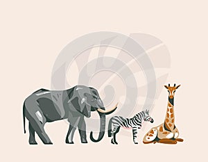 Hand drawn vector abstract cartoon modern graphic African Safari collage illustrations art banner with safari animals