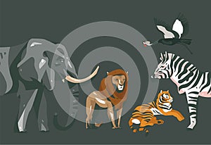 Hand drawn vector abstract cartoon modern graphic African Safari collage illustrations art banner with safari animals
