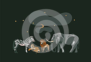 Hand drawn vector abstract cartoon modern graphic African Safari collage illustrations art banner with safari animals