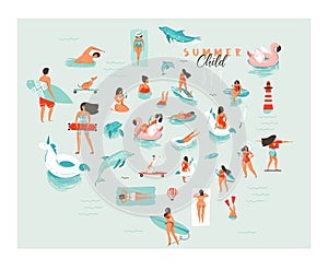 Hand drawn vector abstract cartoon summer time fun big swimming people group collection illustrations set isolated on